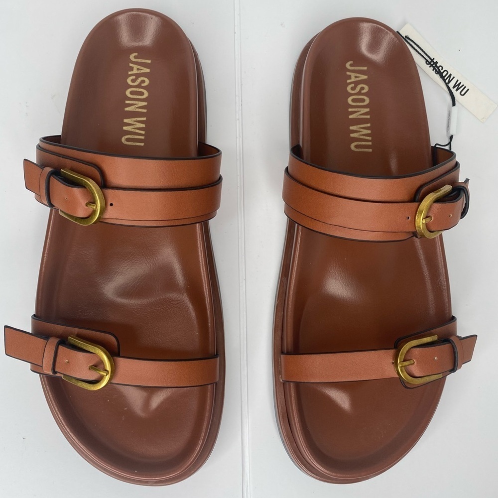 Jason Wu NWT Rhonda Brown Slide Sandals with Gold Accents. - Picture 2 of 7